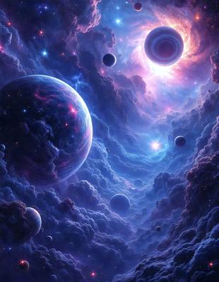 The primary subject of the image is a space scene featuring a variety of celestial bodies. The setting is a blue, cloudy sky with a backdrop of planets and other celestial objects. The visual style is a digital art or illustration, creating a vibrant and dynamic atmosphere. The colors and mood are predominantly blue and purple, giving the scene a sense of depth and tranquility.